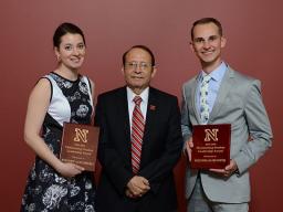 Award winners Sydney Goldberg and Nicholas Knopik with Dr. Juan Franco, vice chancellor for student affairs.