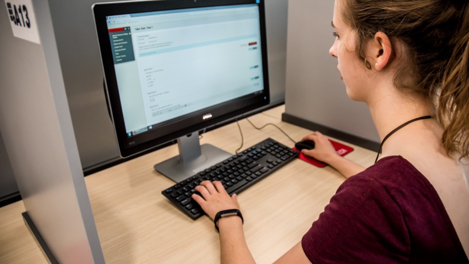 A student works in the University of Nebraska–Lincoln's new Digital Learning Center. The new facility, located in Love Library North, opened in June. (David Houfek | Information Technology Services)