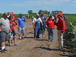 Amit Jhala, Nebraska Extension weed management specialist, discusses a project with Field Day attendees for control of atrazine and HPPD-inhibitors-resistant Palmer amaranth in seed corn.
