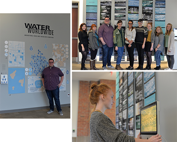 Clockwise from upper right:  Assistant Professor Stacy Asher (center) with graphic design students at Nebraska Innovation Campus; Anna Drehs; and Kevin Buglewicz. Photos by Michael Reinmiller.