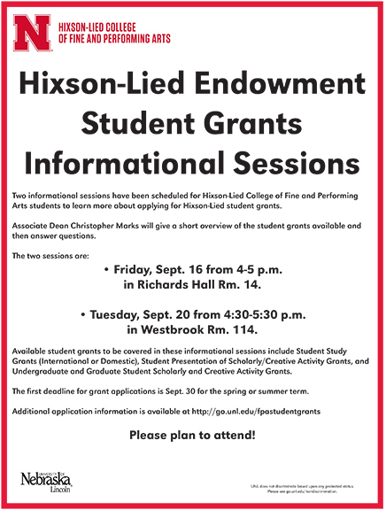 Plan to attend the Informational Session on Sept. 20 to learn more about available Hixson-Lied student grants.