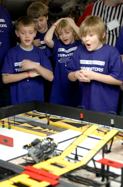 Members of Team Terminator from Blair react as their robot crashes during the First LEGO League tournament on Jan. 30, 2010.