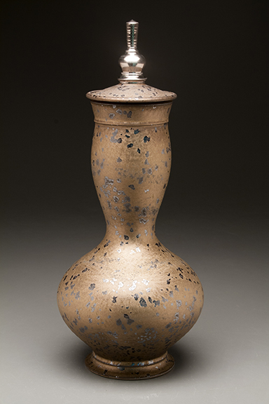 Seth Green, Ceremonial Jar, reduction-fired stoneware, glaze, white gold luster, 17” x 6” x 6”, 2016.