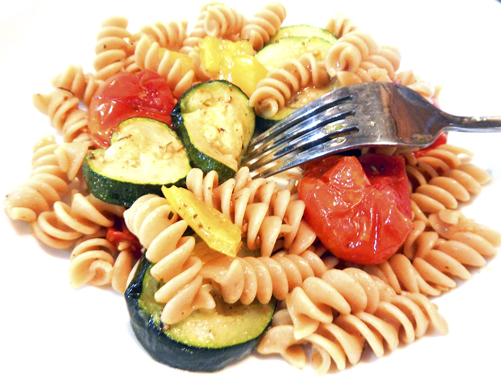 A 30 page handout will include recipes such as this Roasted Vegetable Pasta.