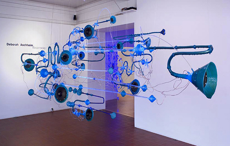 Deborah Aschheim, "Earworm (node)," 2008, speakers, LED's, plastic, copper tubing. 