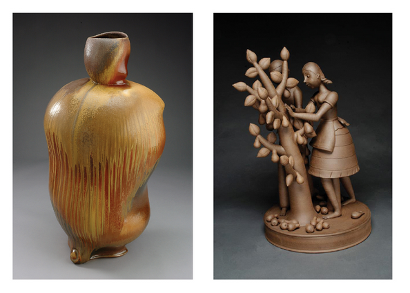 Ceramic art by Chris Gustin (left) and Gerit Grimm (right).