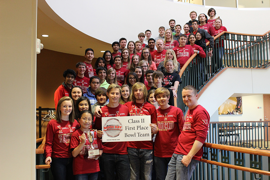 In 2015, Scottsbluff High School won first place in the bowl tournament in Class II at Nebraska Math Day. Teacher Shelby Aaberg (bottom right) is a UNL graduate.