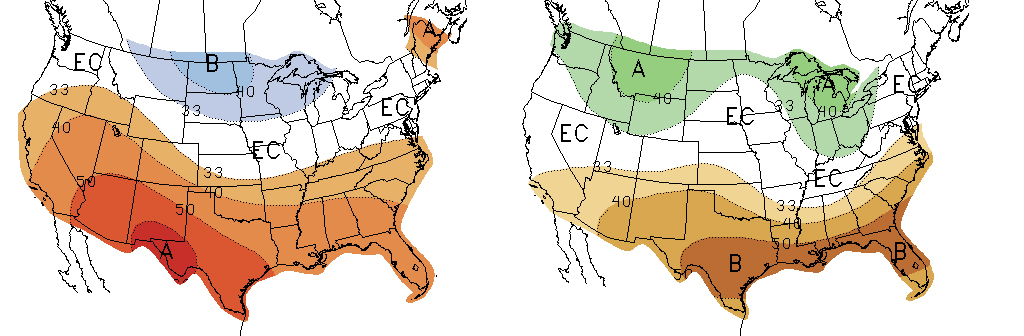 December - February temperature (left) and precipitation forecasts indicate equal chances for above or below normal conditions for Nebraska. See Al Dutcher's short-term and winter forecasts in this week's CropWatch. (Source: NOAA Climate Prediction Center