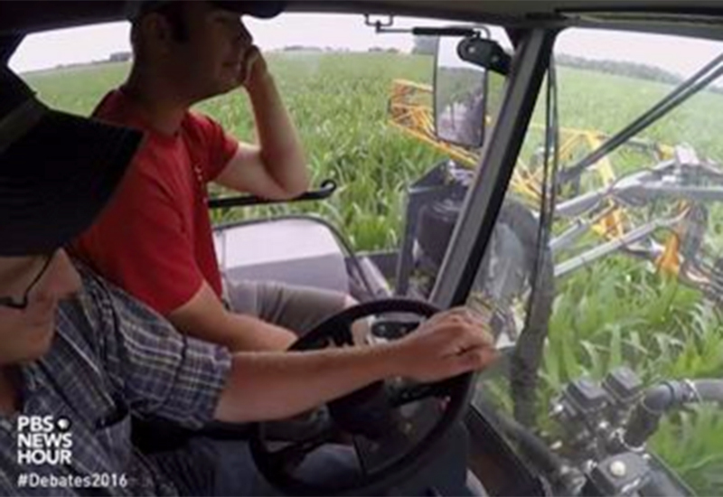 Anthony Seim tries sensor technology at the Seim family farm in central Nebraska.
