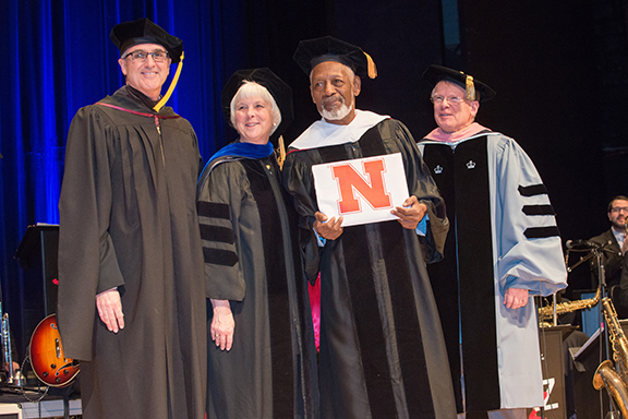 (Left to right) Hixson-Lied College of Fine and Performing Arts Endowed Dean Charles O’Connor, Interim Senior Vice Chancellor Marjorie Kostelnik, Dr. Victor Lewis and Glenn Korff School of Music Interim Director Peter Lefferts. Photo by Greg Nathan, Unive