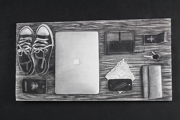 A still life charcoal drawing of the objects she would bring if her house were on fire by Anna Binder that will be among the art exhibited by students in Prof. Sandra Williams studio foundation and drawing classes in an exhibition at the Lux Center.