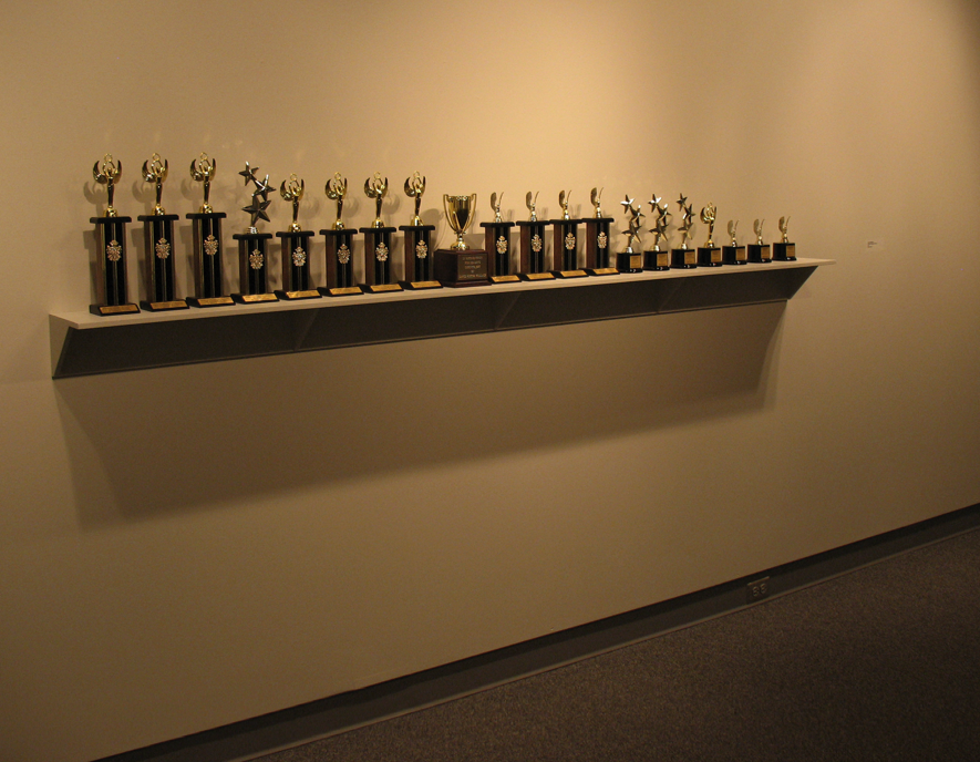 Lance Wakeling's sculpture, "Untitled (Reference Library)," used an internet-based service to create trophies, one for each book the artist read in 2010.