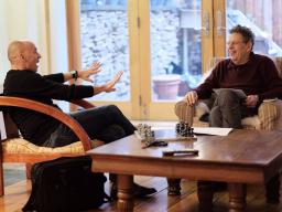 Paul Barnes (left) visited with Philip Glass recently in New York. Photo by Peter Barnes