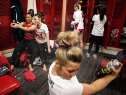 Members of the Nebraska women's gymnastics wait in the locker room for their warmups to begin at their meet against Rutgers on Jan. 23, 2016 at the Devaney Center in Lincoln, Nebraska.