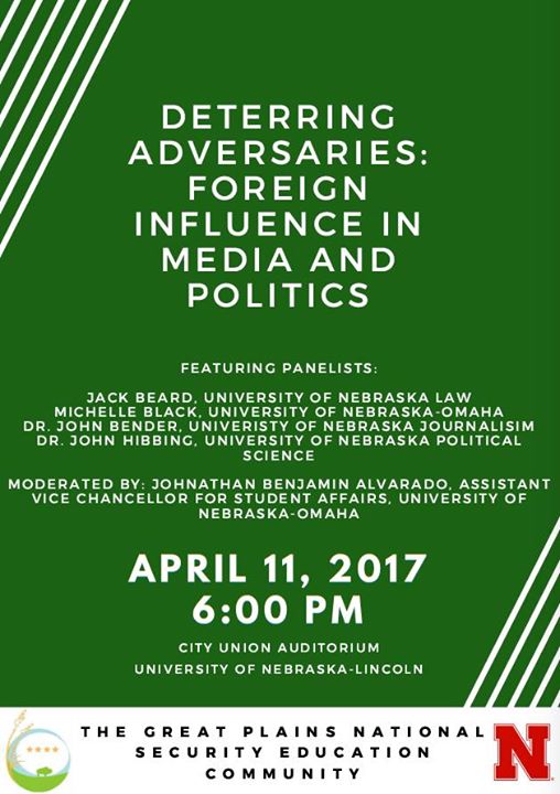 Please join us in the Union Auditorium to discuss foreign influence in the American Media and Politics!