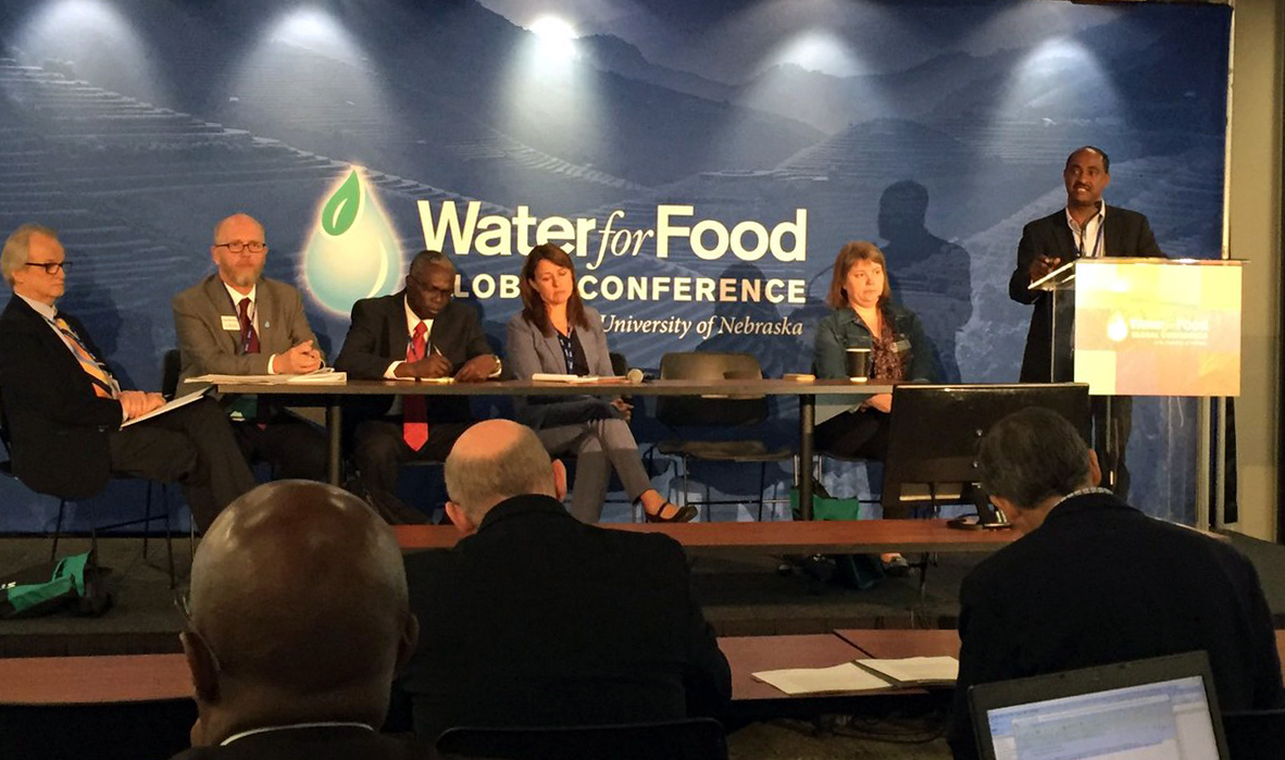 Tsegaye Tadesse of the National Drought Mitigation Center at the School of Natural Resources presents during a session Monday at the Water for Food Global Conference. | Courtesy IANR Global Engagement Office