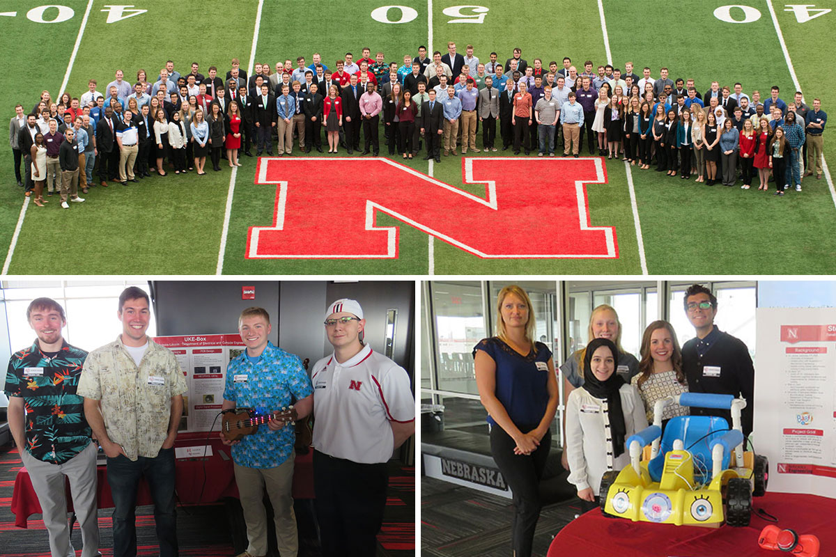 UkeBox (lower left) and Go Baby Go! (lower right) were People's Choice Award winners at the Senior Design Showcase held April 21 at Memorial Stadium.