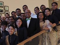 HRTM Assistant Professor of Practice Dipra Jha recently delivered workshops to luxury hospitality professionals in India. Jha, with green bow tie, is shown with participants at Trident Hotel in Hyderabad, India.