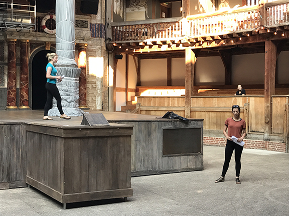 Brina Miller and Jazmine Huertas rehearse a scene at the Globe Theatre in London. Courtesy photo.