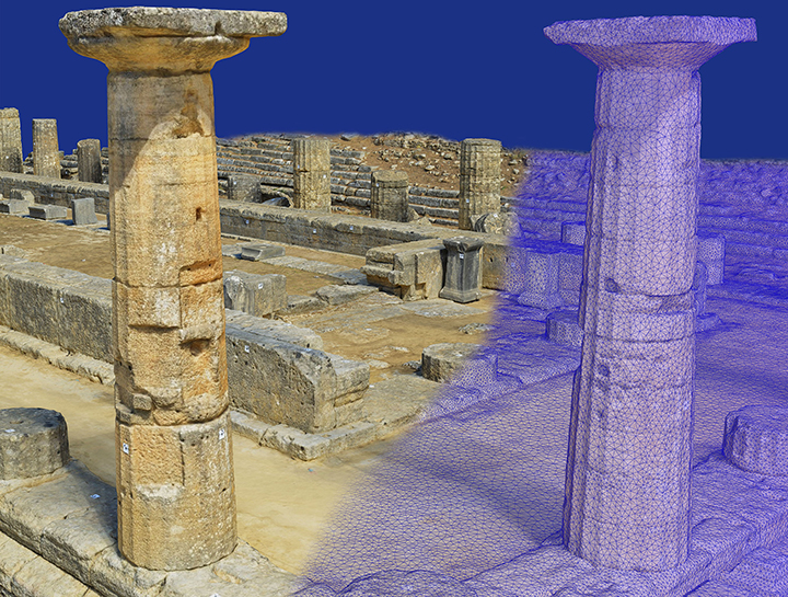 The Hera temple as seen from the 3D model, whose mesh structure is shown on the right.