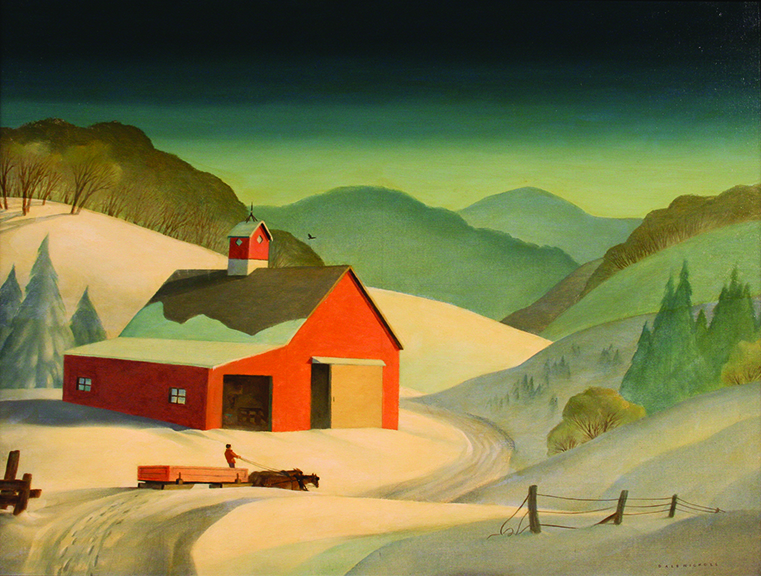 "Red Barn" by Dale Nichols, circa 1940, oil on canvas 