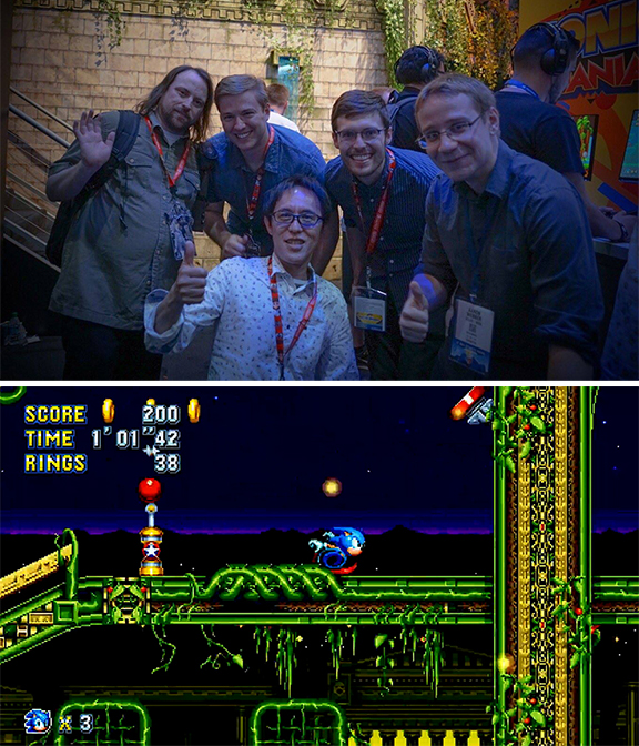 (top) Brad Flick (second from left) with the other members of the creative team pose with Naoto Ohshima (front), Sonic's original creator. (bottom) A screen shot from the Stardust Speedway level on Sonic Mania, which Flick helped create.