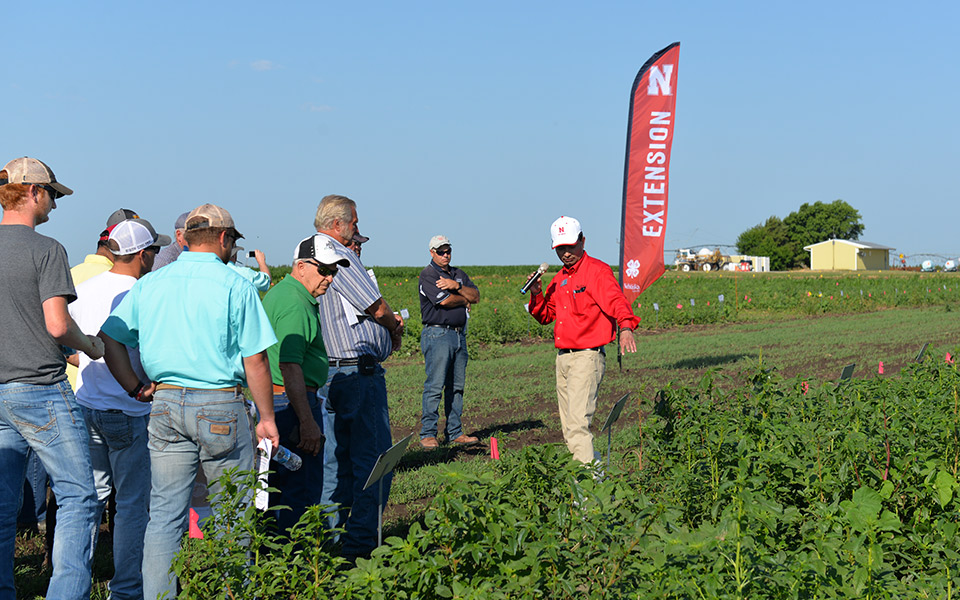 Amit Jhala speaks to a crowd of Weed Management Field Day participants June 28 at the University of Nebraska–Lincoln South Central Agricultural Laboratory near Clay Center, Nebraska.