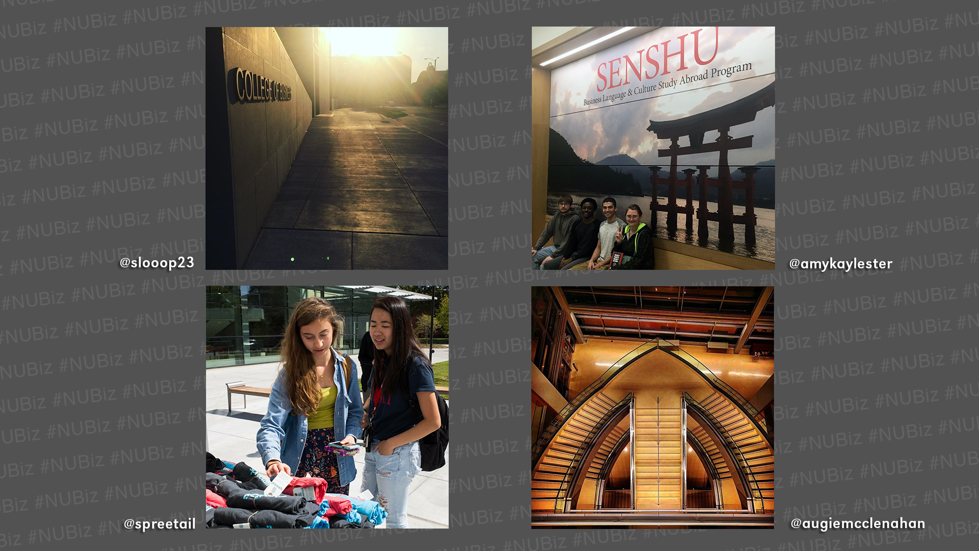 Tag your photos on Instagram and Twitter with #NUBiz to be featured.