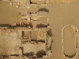 A drone view of the Bath Complex with a cluster of Late Roman pottery kilns visible. Photo courtesy of Michael Hoff.