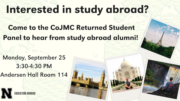 The study abroad panel will be Monday, Sept. 25 from 3:30-4:30 p.m. in Andersen Hall, room 114.