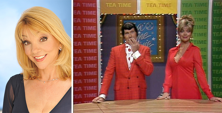 Left: Teresa Ganzel. Right: Johnny Carson and Teresa Ganzel in a 'Tea Time Movies with Art Fern' sketch on The Tonight Show. Courtesy photos.