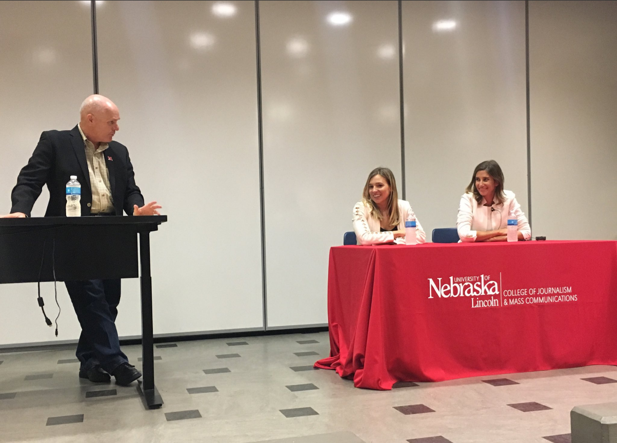 The co-founders were visiting the University of Nebraska as part of the Nebraska Women’s Leadership fall conference hosted by the Nebraska Alumni Association. Weisber and Zakin stopped by the CoJMC after the conference.