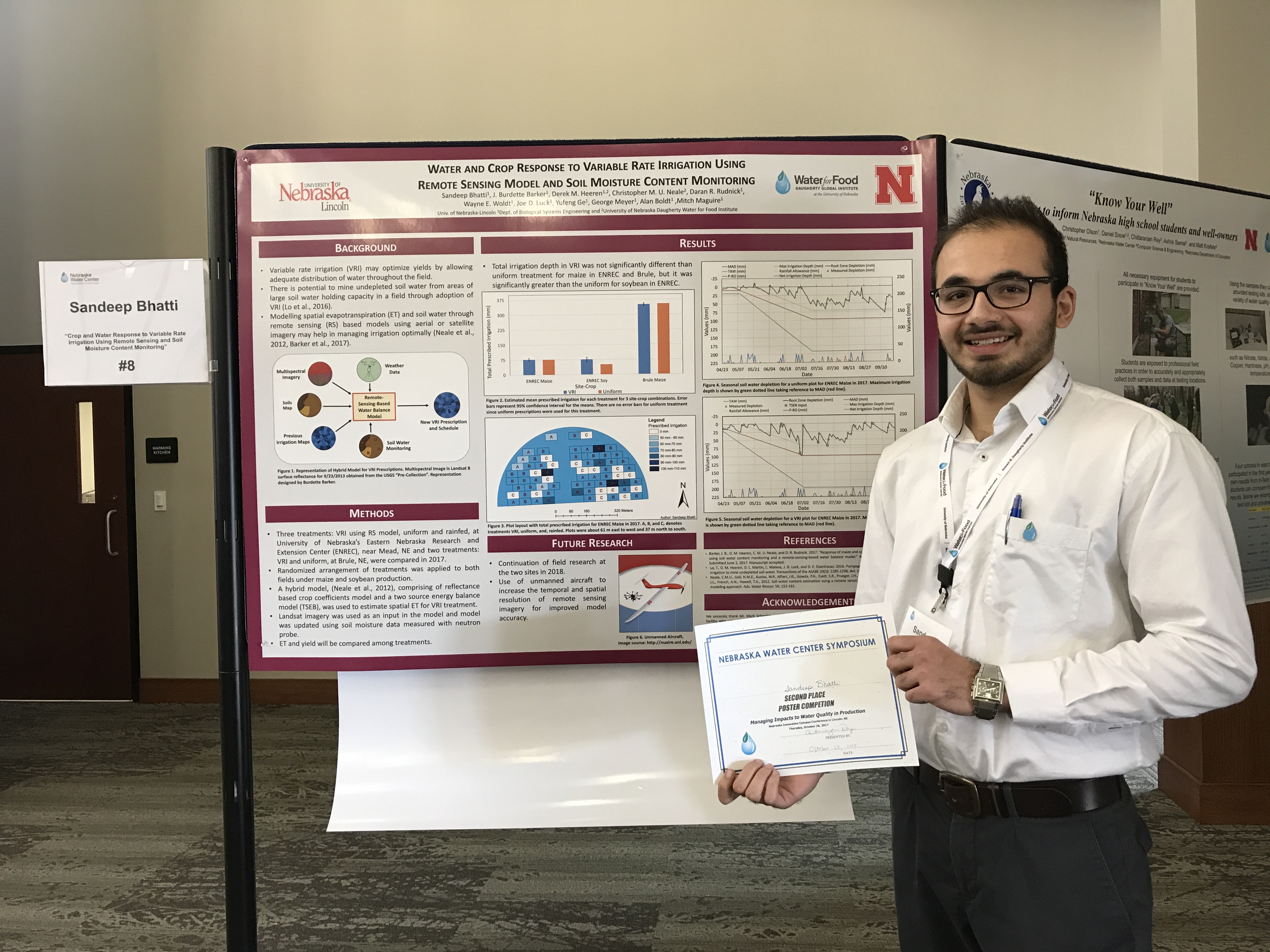 Sandeep Bhatti's poster on variable rate irrigation took second place in the competition at the Nebraska Water Center Symposium last week.