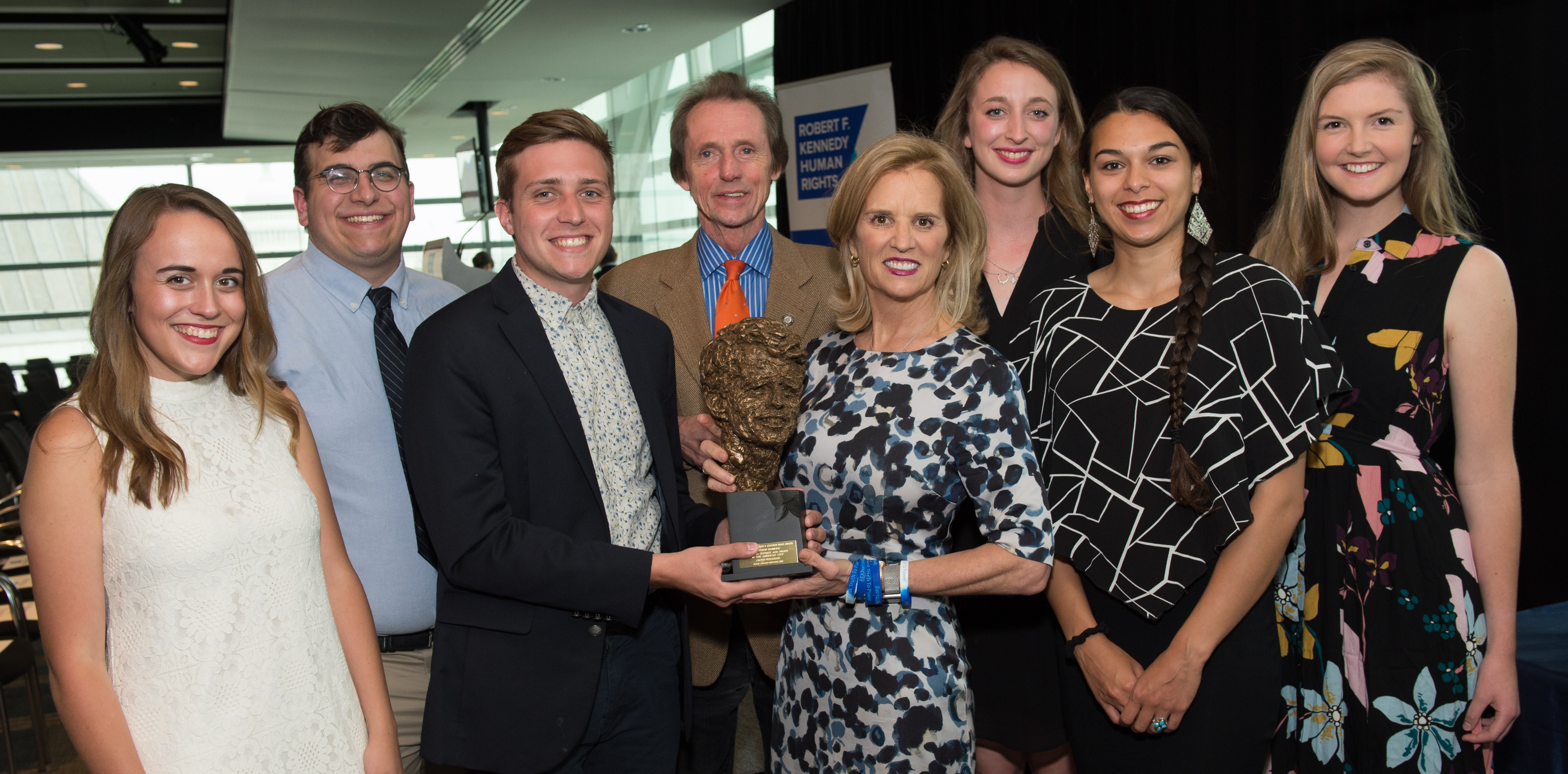 Depth Reporting students, along with professors Joe Starita and Rebekka Herrera, receive the Robert F. Kennedy Human Rights Journalism grand prize from Kerry Kennedy. 