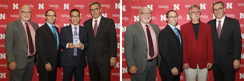 Engineering faculty Yuguo "Leo" Lei (second from right in left photo) and Stephen Reichenback (second from right, right photo) were honored at NUtech Ventures 2017 Innovator Awards Celebration.