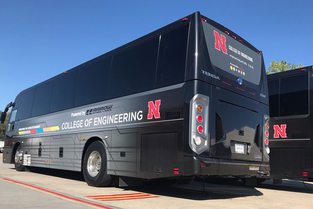 N-E Ride shuttle buses carry students, faculty and staff between Lincoln and Omaha.