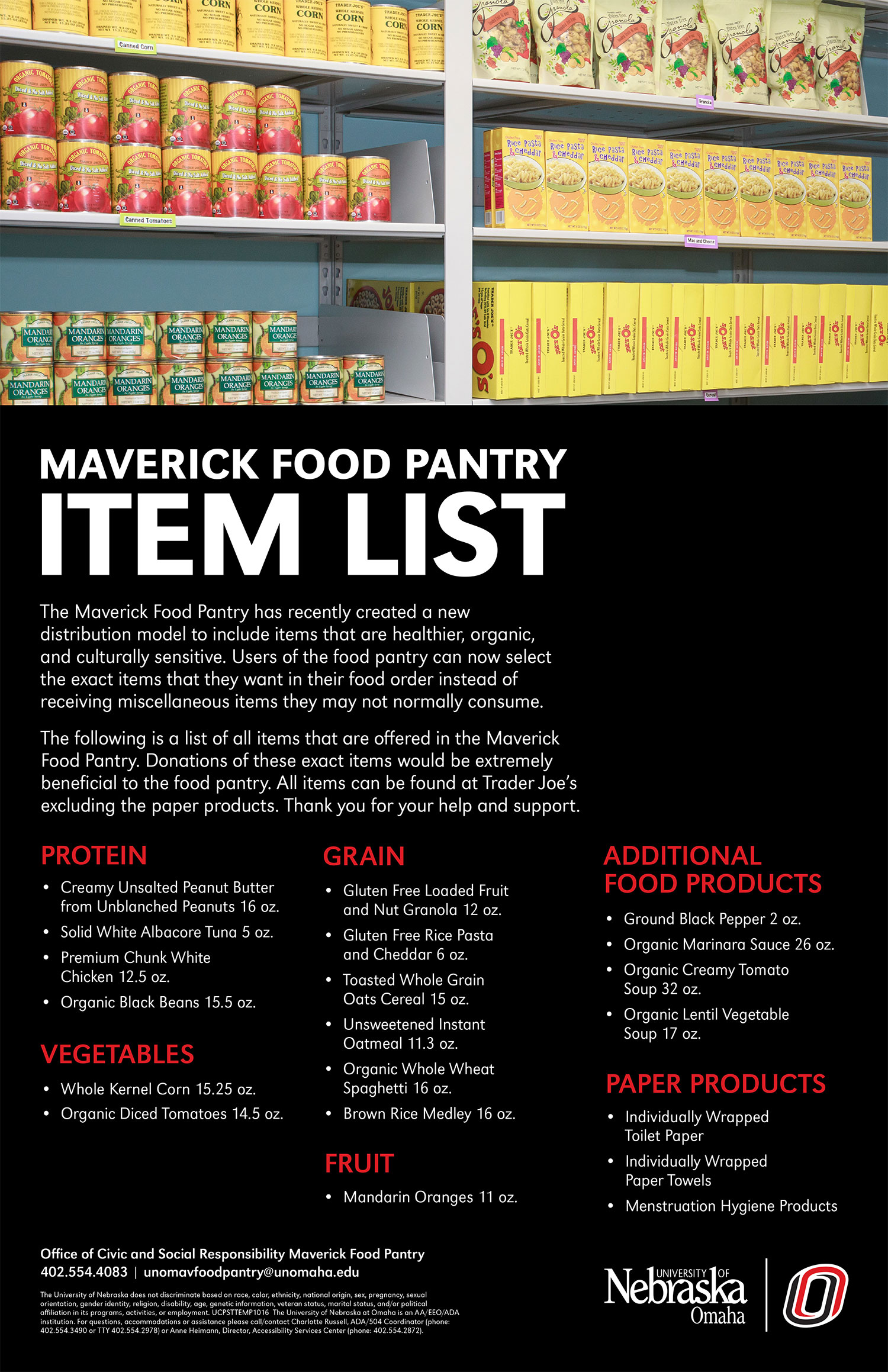 Food items accepted by Maverick Food Pantry.