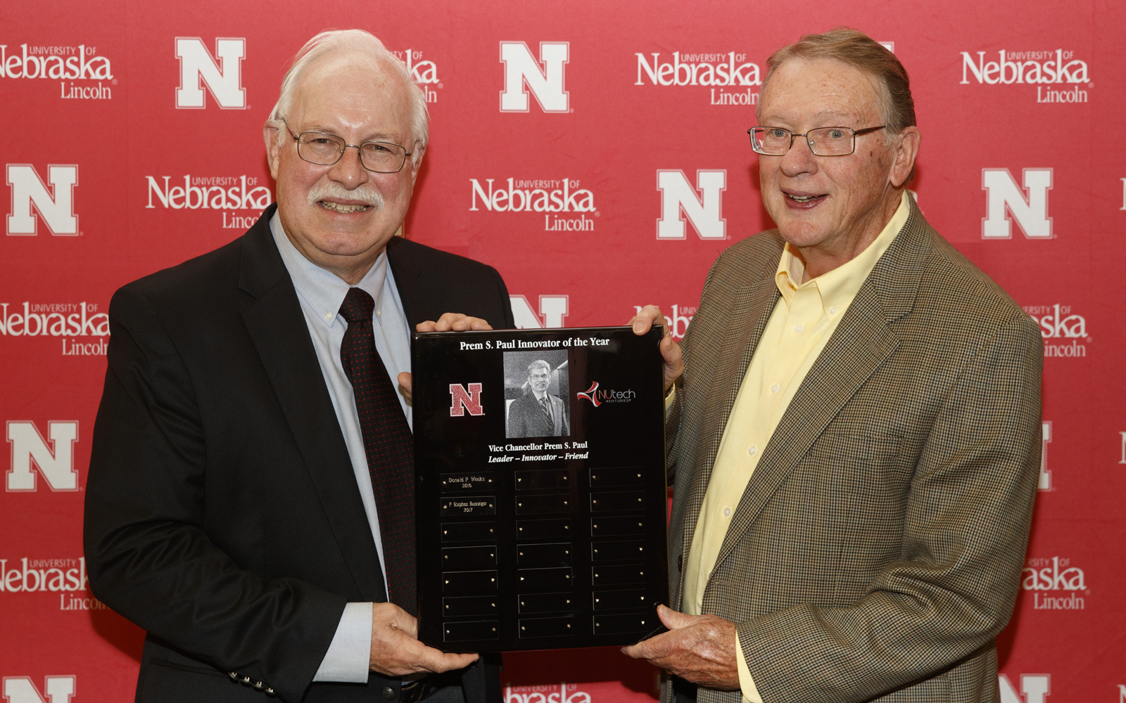 P. Stephen Baenziger (left), professor of agronomy and horticulture, was presented with the Prem S. Paul Innovator of the Year award during the NUTech Ventures 2017 Innovator Celebration.