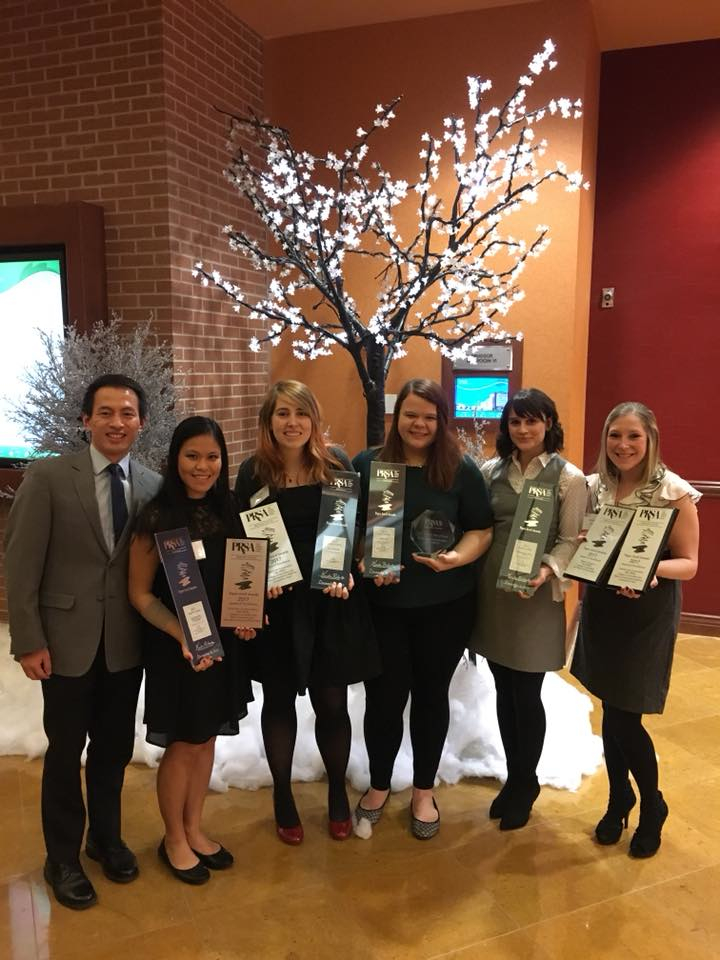 (From left to right) Prof. Bryan Wang, a PRSSA faculty adviser, and senior advertising and public relations majors Anna Fobair, Rachel Kent, Karley Powell, Megan Simonsen and Elizabeth Snyder represented CoJMC at the awards gala.