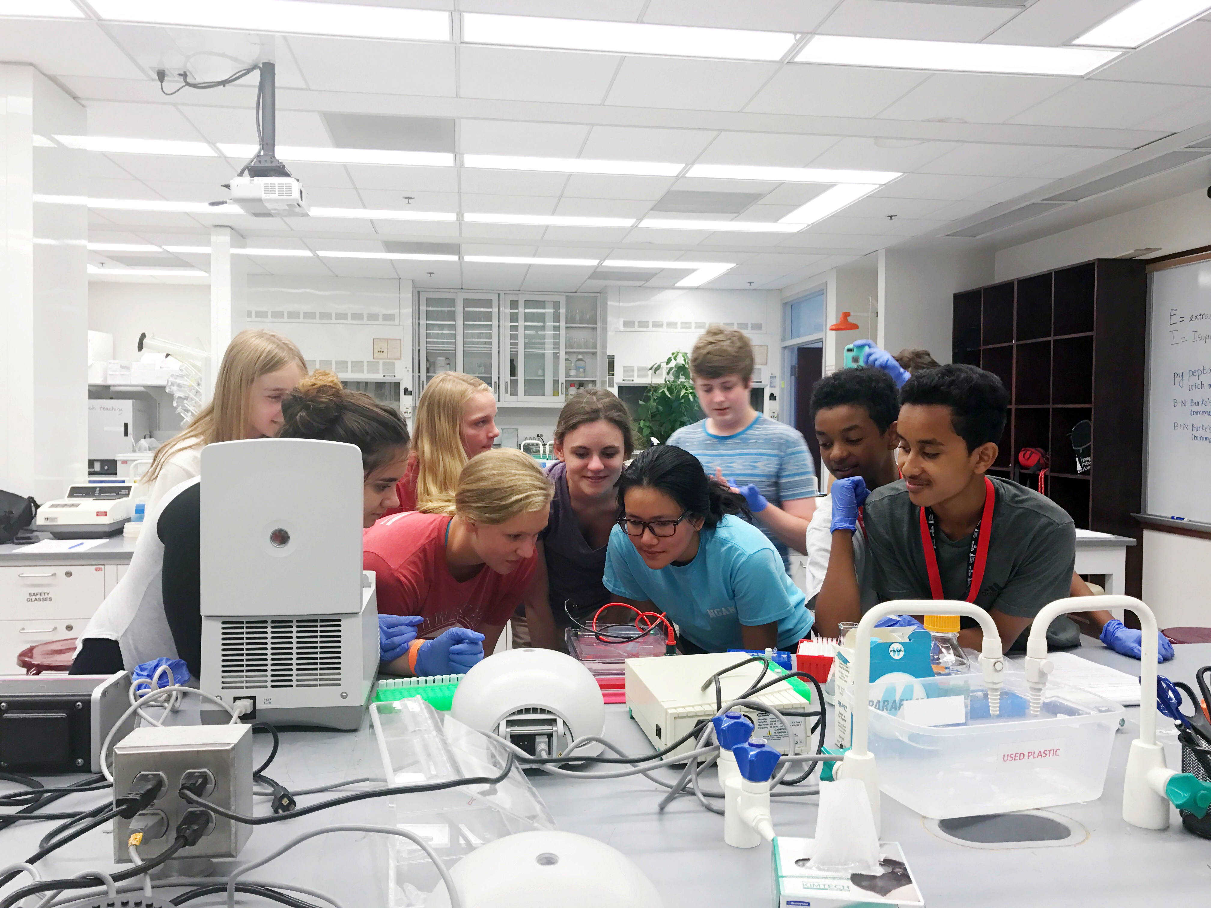 Campers with Young Nebraska Scientists' Life Underground event study microbes at UNL's  Beadle Center in 2017.