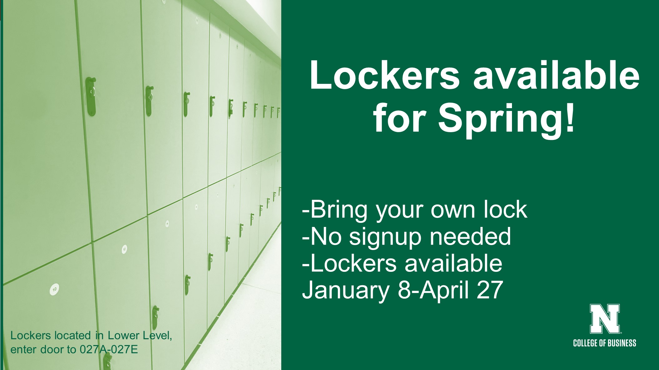 Lockers available in Hawks Hall lower level.