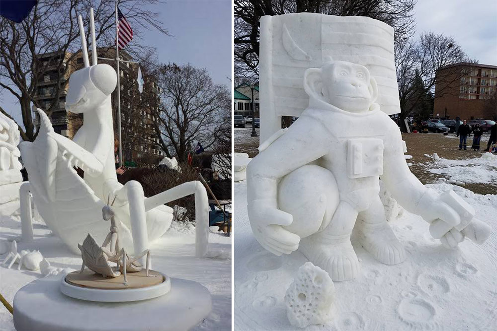 At previous US National Snow Sculpting Competitions, Team Nebraska has created a praying mantis (left, 2015) and a chimpanzee astronaut (2017).