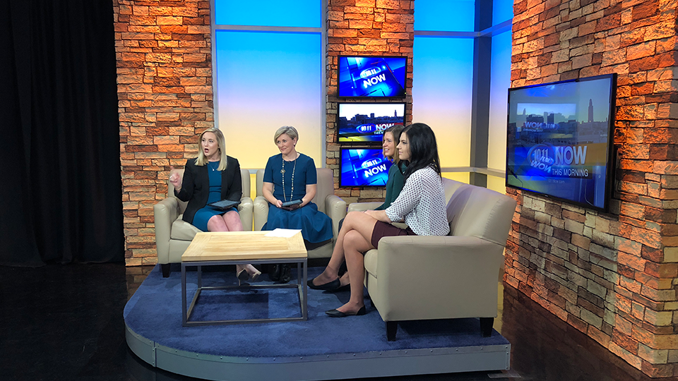 Jacht students, Briana Hammerstrom (second from right) and Grace Jablonski (right) talked about this year's Super Bowl ads with anchors Shelby Fenster (far left) and Taryn Vanderford (second from left) on Lincoln’s KOLN/KGIN television station morning sho