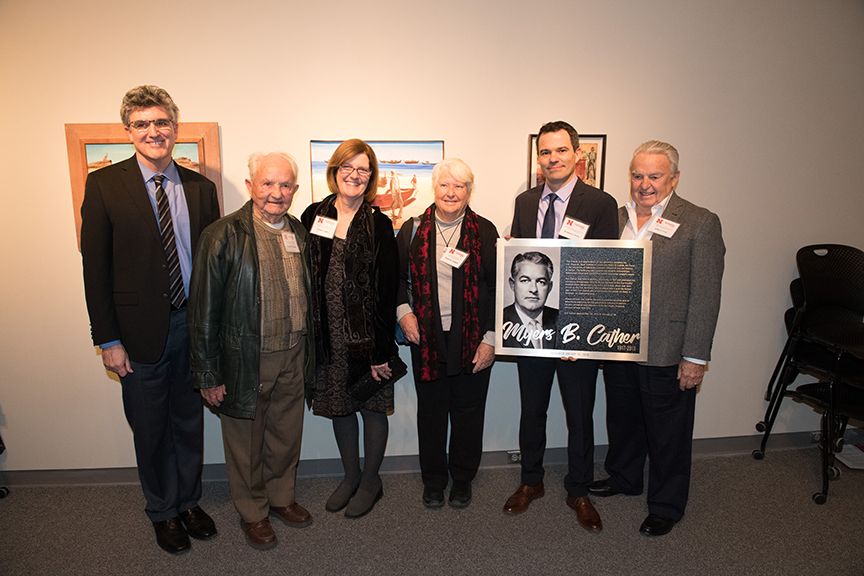 Left to right:  Dean Chuck O'Connor, Robert Cather (Cather's brother), Cindy Cather (Cather's daughter), Paula Langan (Cather's daughter), Director Francisco Souto and John Cox (Cather's nephew). Photo by Greg Nathan.