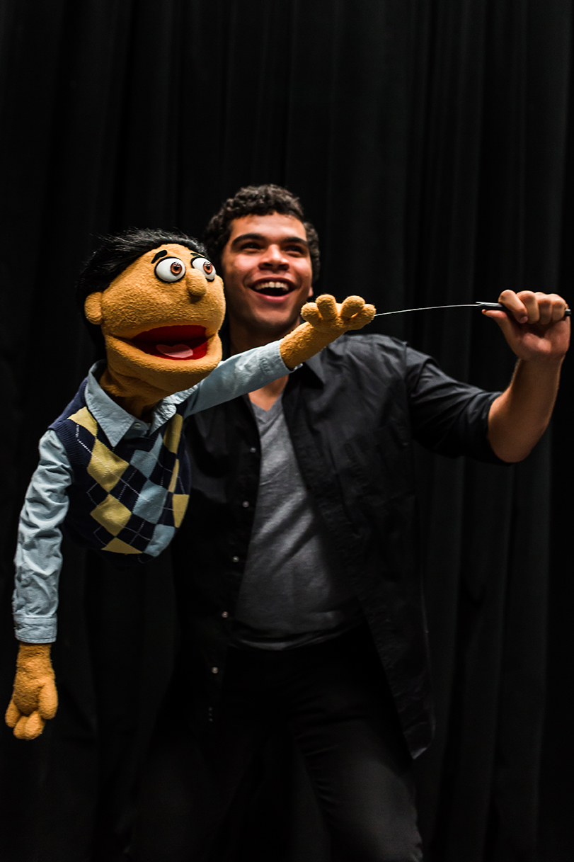 Matthew Carter with Princeton from "Avenue Q," which opens March 2. Photo by John Ficenec.