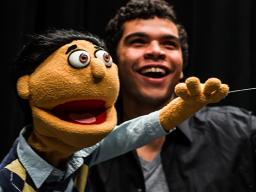 Matthew Carter with Princeton from "Avenue Q," which opens March 2. Photo by John Ficenec.