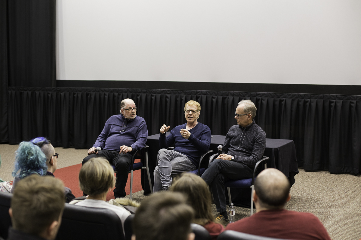 Danny Elfman (center) participates in a Q&A with Lincoln Journal-Star reporter L. Kent Wolgamott (left) and Assistant Professor of Composition Tom Larson. Photo by Mallory Trecaso.