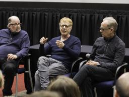 Danny Elfman (center) participates in a Q&A with Lincoln Journal-Star reporter L. Kent Wolgamott (left) and Assistant Professor of Composition Tom Larson. Photo by Mallory Trecaso.