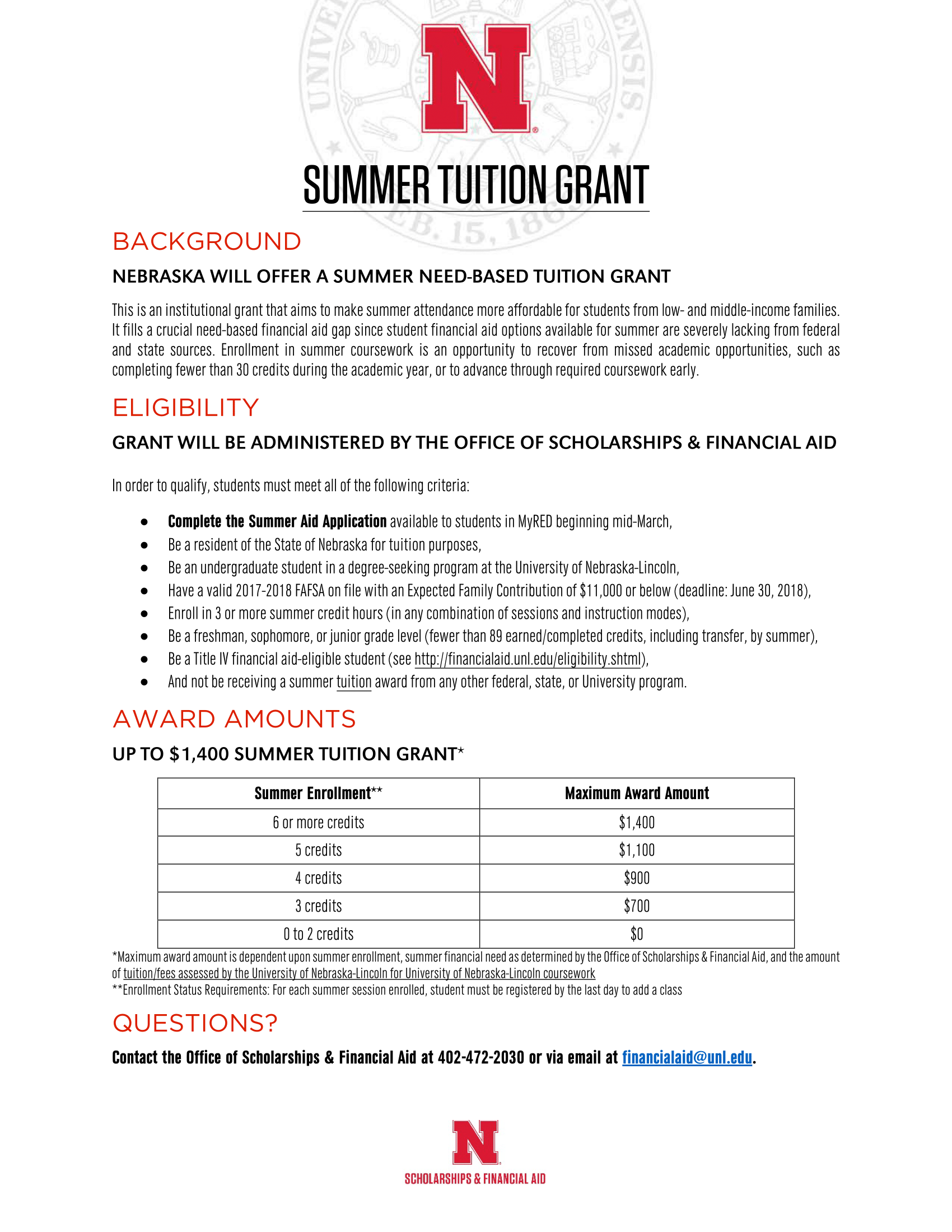 Nebraska Summer Need-Based Tuition Grant