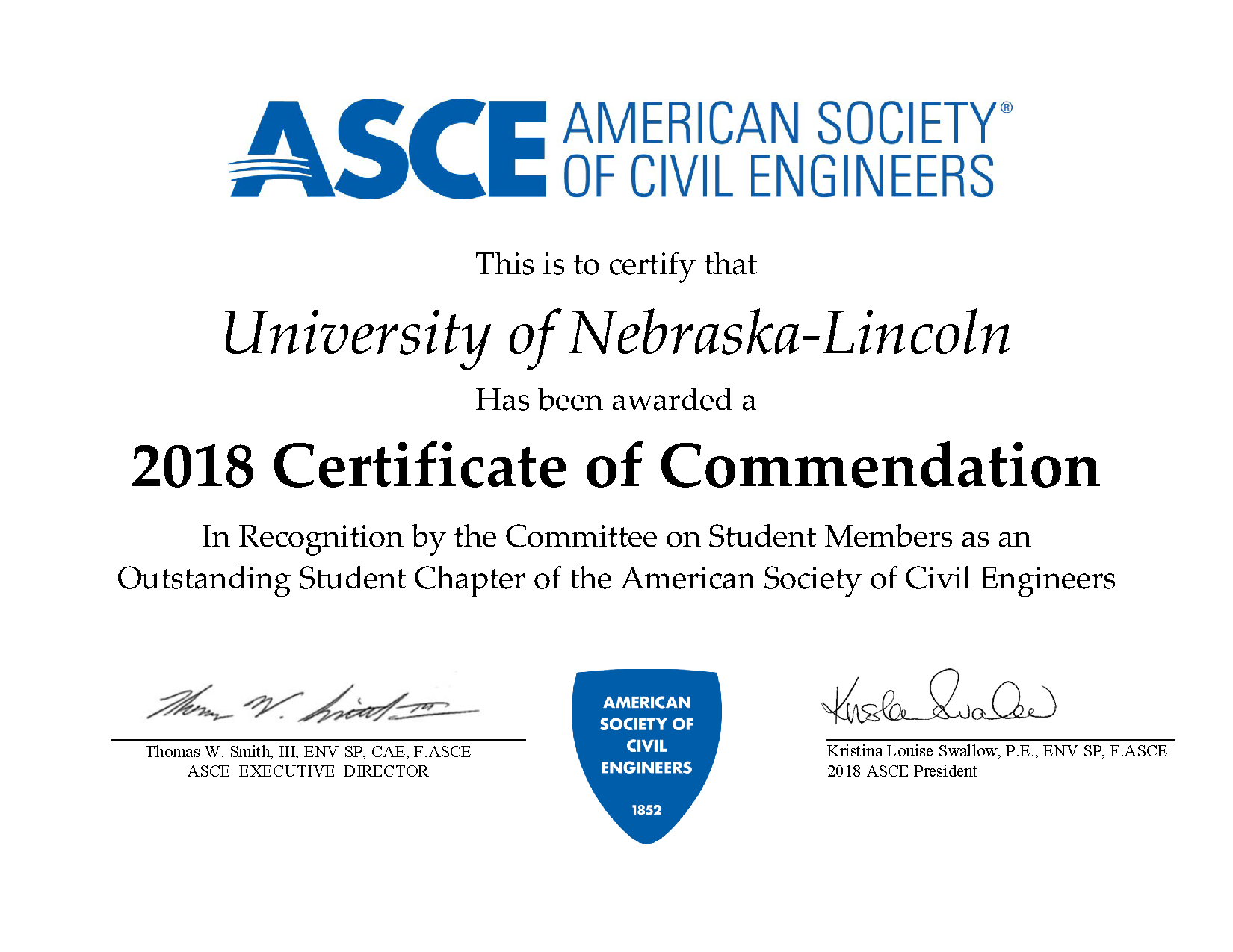 UNL ASCE earns Certificate of Commendation Announce University of